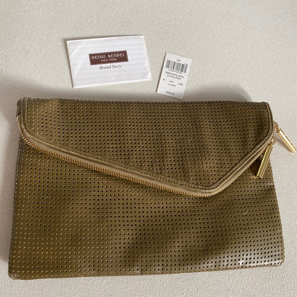 henri bendel Olive Green Leather Clutch-Gold hw/ strap clips & dust bag